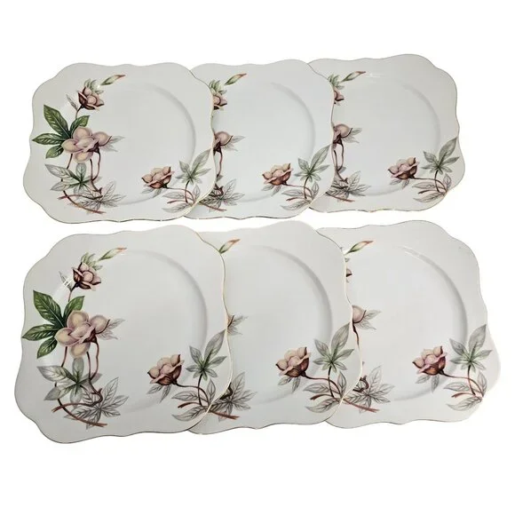 6 Blue Woodrose Square Lunch Plate 7.5" Meito Japan salad gold scalloped edge vt - Picture 2 of 9